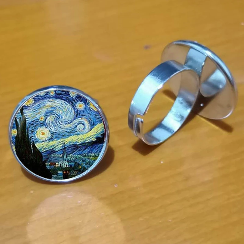 Classic Round Glass Ring Art Painting Adjustable Ring Starlight Night by Vincent Van Gogh 1889 Handmade Commemorative Ring