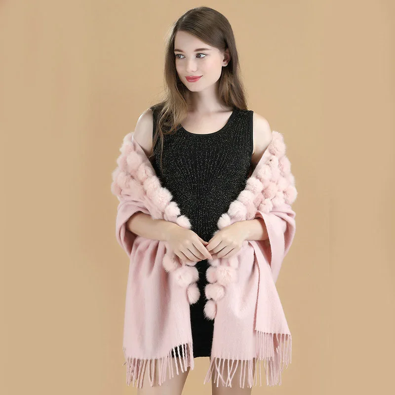 New Burgundy High Quality Women\'s 100% Wool Rabbit Fur Balls Pashmina With Fine Tassel Thick Shawl Scarf Warm Fashion Wool Shawl