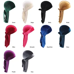 Unisex Long Men Women Velvet Breathable Bandana Hat silky Durag do doo du rag long tail headwrap chemo cap Solid Color Headwear