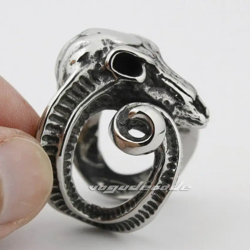 Large Ran Skull Horn Aries 316L Stainless Steel Mens Biker Ring 6R005 image 4