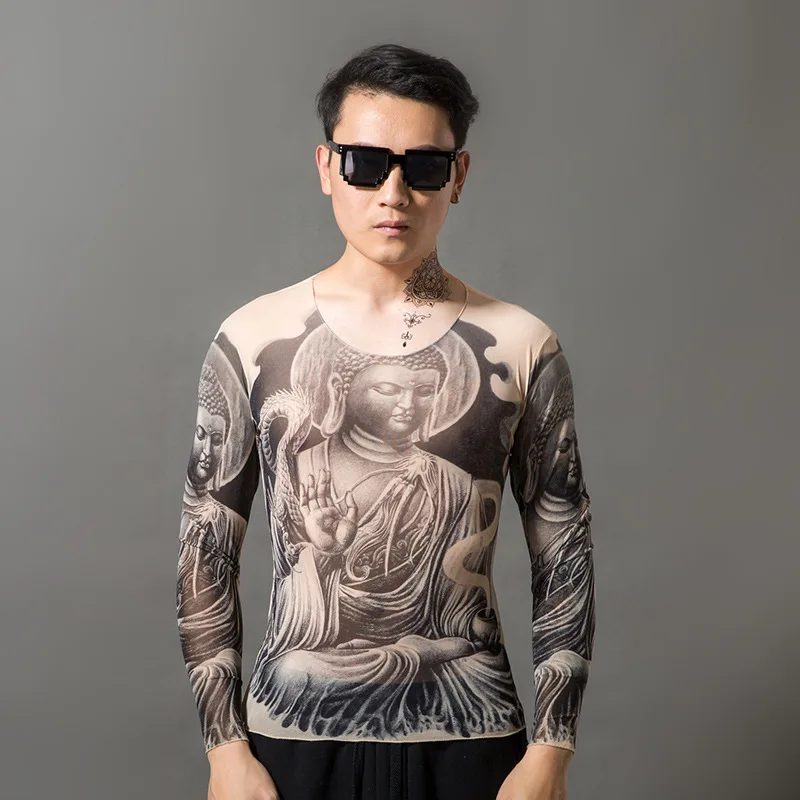 2019 Fashion Men\'s Fake Tattoo T-shirts Long Sleeve Elastic Modal Thin All Over Print O-Neck Tattoo Shirts Halloween Clothing