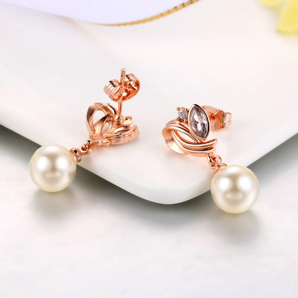 Doppio Fiera di Goccia/Ciondola Gli Orecchini di Modo Cubic Zirconia Oro Rosa/Argento Colore Simulato Branelli Della Perla Dei Monili Per Le Donne