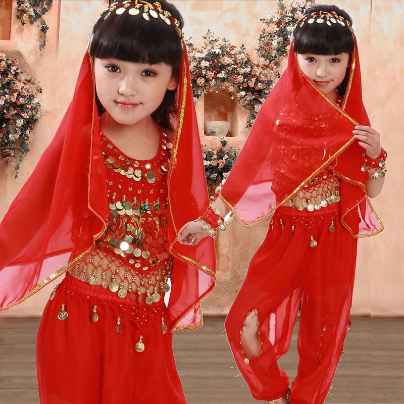 2-4pcs girls Belly dance costume indian bollywood chidren costume oriental dance costume set red/rose red/yellow 3 colors