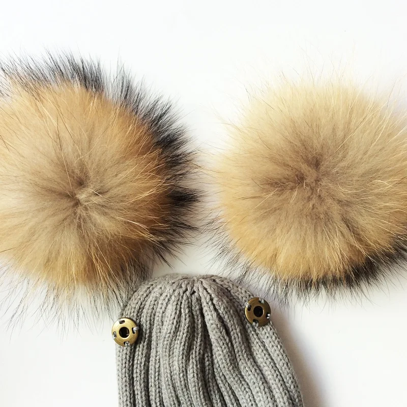 Winter Crochet Double Natural Raccoon Pompom Hat For Girls Real Fur Children Caps High Quality Fashion Kids Beanie Bonnet