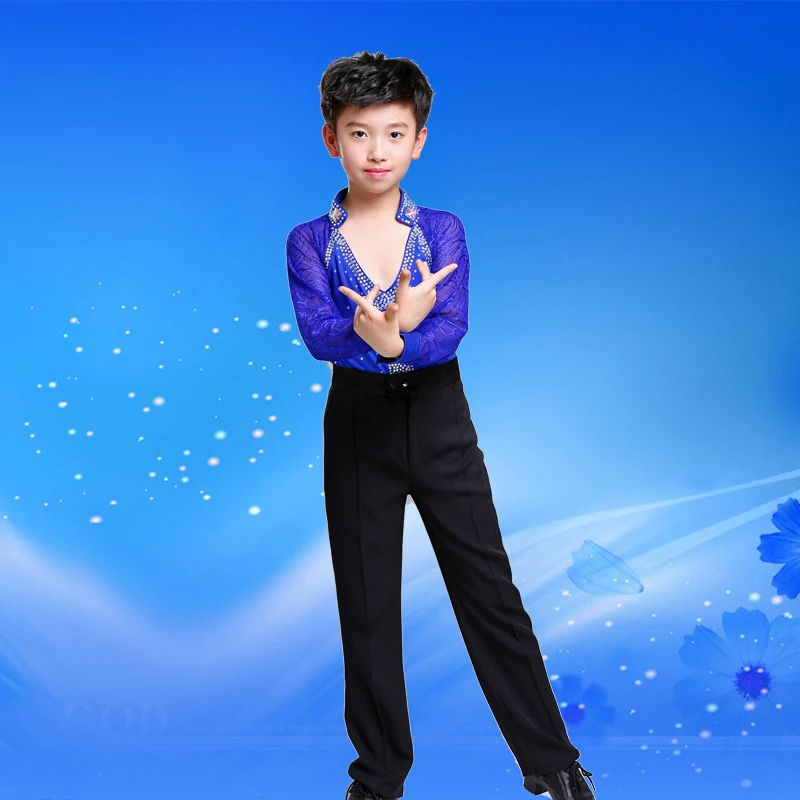 New Hot Sale Boy Latin Dancewear  Ruffly  Blue White  Black Ballroom Stage Modern Boys Latin Dance Costumes Clothes