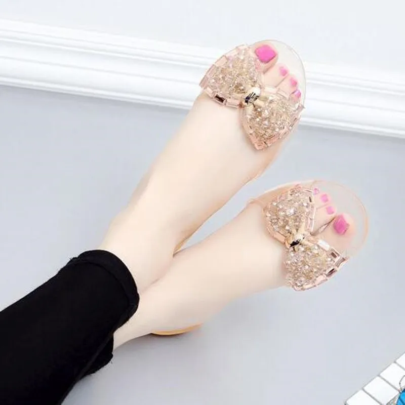 Summer new crystal women\'s sandals flat bottomed water drill bow tie beach jelly women shoes