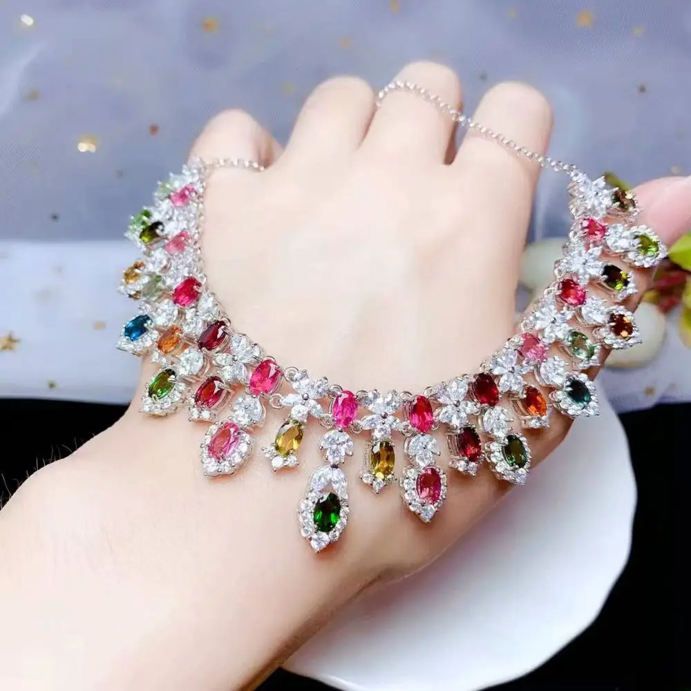 Palace party luxury style: graceful and  colourful tourmaline gemstone necklace for women with silver jewelry