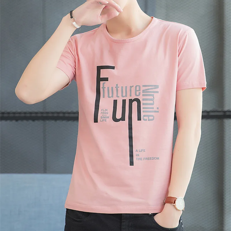 EL BARCO Funny Letter Print Cotton Men T Shirt Summer Short Sleeve Slim Fit Black Pink Male Tshirt Soft White Casual Tees Tops