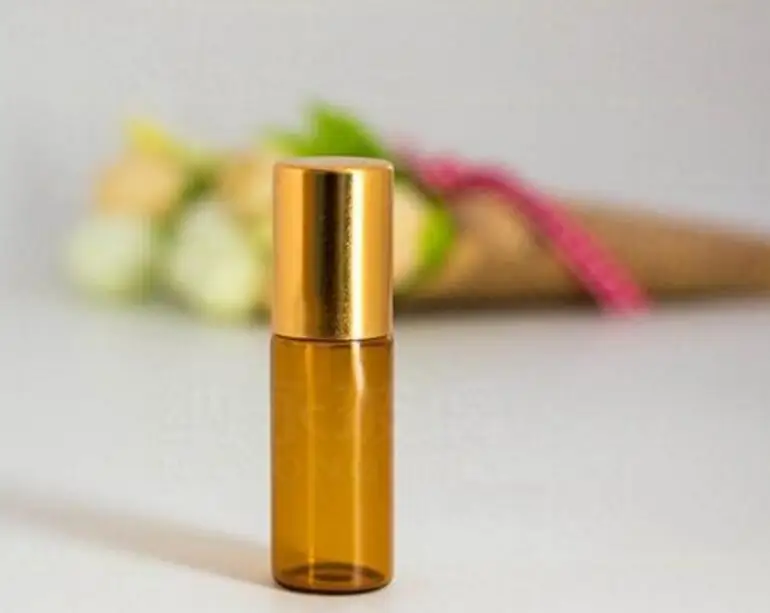 300 x 5ml High Quality Mini Amber Glass Roll on Bottle With Black/Gold Plastic Lids Glass Ball