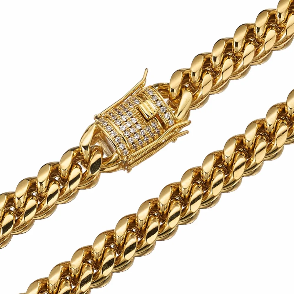 8/10/12/14/16/18mm Trendy 316L Stainless Steel Gold Color Miami Cuban Curb Link Chain Men Women Necklace  7-40\