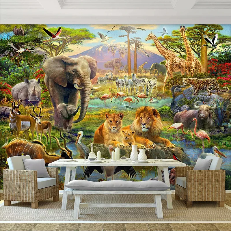 

Custom Size Photo Wallpaper Mural Cartoon Forest Animal World Children Kids Bedroom Living Room Elephant Lion Mural Wallpaper 3D