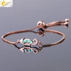 CSJA Fire Opal Seahorse Dainty Bracelets  Bangles for Girl Rose Gold Color Crystal Zircon Adjustable Wedding Jewelry F467