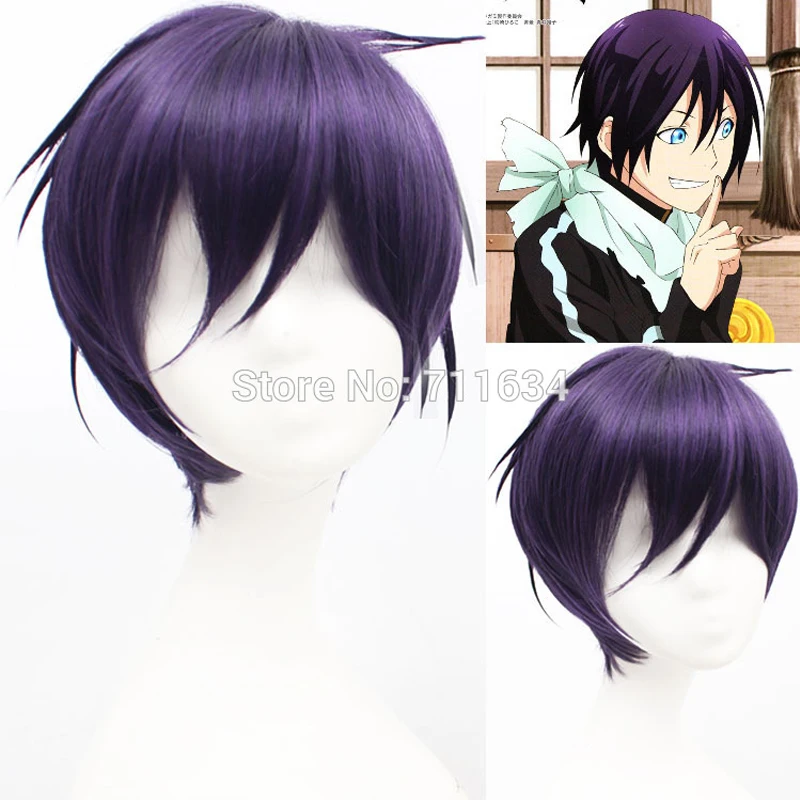 Anime Styled Black Purple Noragami yato short Synthetic Hair Cosplay Costume Wig + Wig Cap