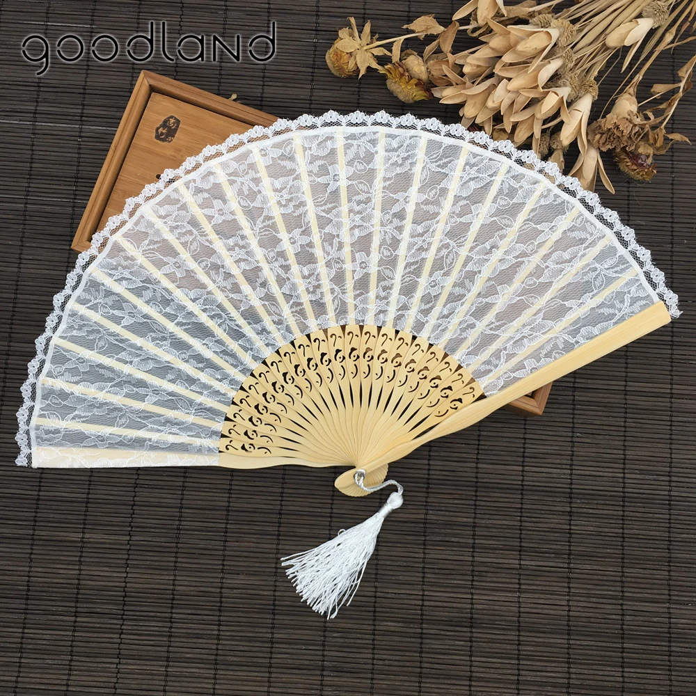 

Free Shipping Spanish Style Bamboo White Lace Folding Hand Held Flower Fan Wedding Dance Favor Pocket Fan Party supplies