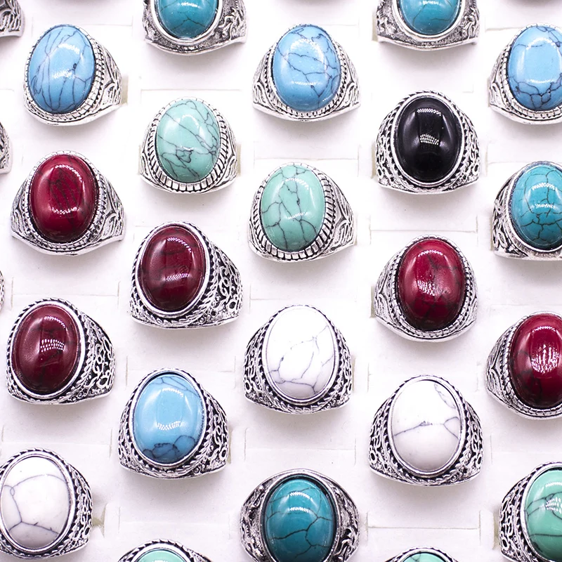 20 Pcs/lot Vintage Stone Ring for Women Men Fashion Jewelry Mix Color Silver Plated Punk Statement Retro Ring for Party Gift