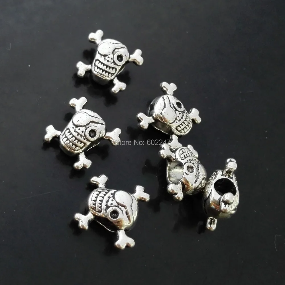 New Exquisite Antique Silver pirate Skull Beads Jewelry Findings 50pcs/lot Wholesale Free Shipping