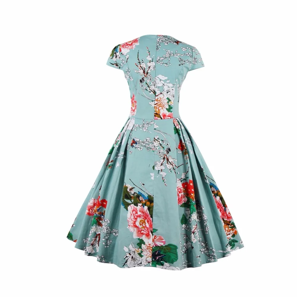 Duży rozmiar 4XL bawełna elastyczna Vintage, w kwiaty sukienki kobiety 60s Audrey Retro Rockabilly Swing elegancja sukienka Feminino Vestidos