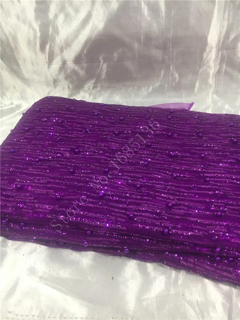 Purple and Black Color Glitter Material with Beads Glued Sticky Lace Fabric H-120143 for Pretty Dress or Fashion Decoration