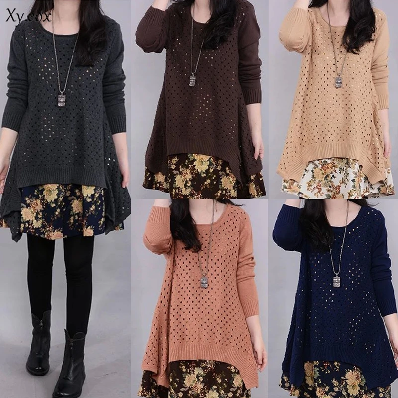 Autumn Winter Women\'s Long sleeve Knitted Floral Dress Loose Casual Party Dress