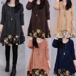 Autumn Winter Women's Long sleeve Knitted Floral Dress Loose Casual Party Dress