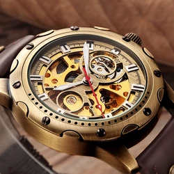 Retro Bronze Skeleton Mechanical Watch Men Automatic Watches Sport Luxury Top Brand Leather Watch Relogio Masculino Male Clock