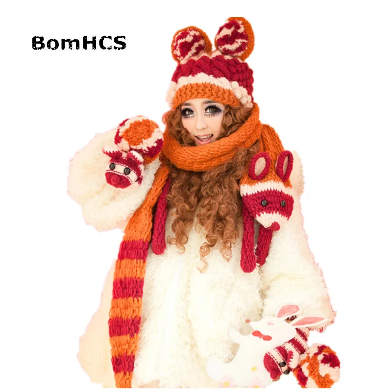 BomHCS Beanie & Gloves& Scarf Cute Big Ears Women\'s Winter Warm Handmade Knitted Hat Mittens Neckerchief