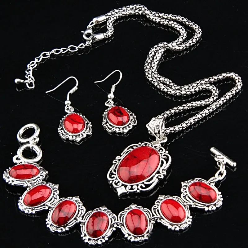 Retro Jewelry Sets Vintage Antique Tibetan Silver Oval Red Natural Stone Earrings Bracelet Necklace Women Jewelry Set A696