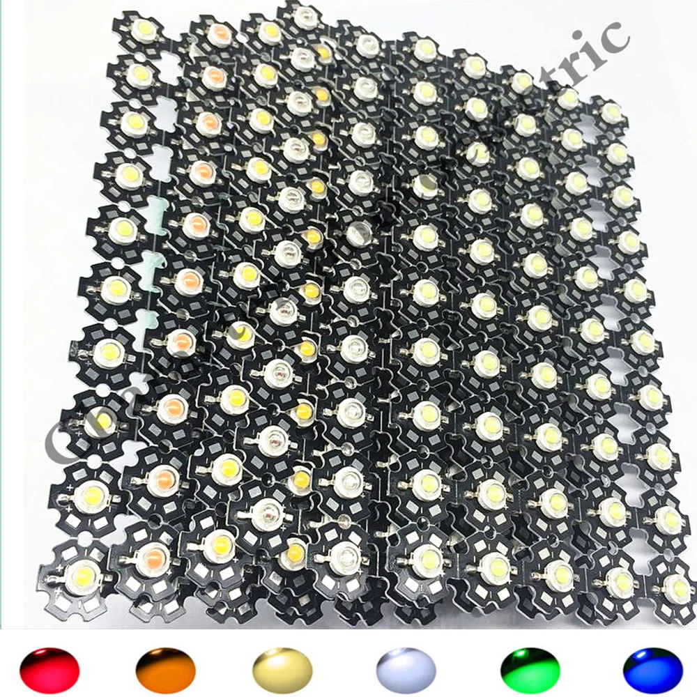 100pcs 3W Watts High Power SMD LED Chip Light Beads  White Red Blue Green IR UV With 20mm PCB