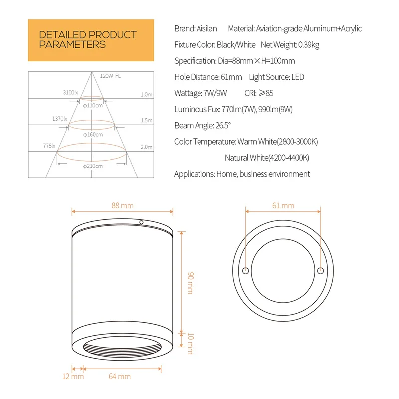 Aisilan Led Surface Mounted Downlight Anti-glare 9W CRI97 Aluminum Ceiling Spot Light for Living room Bedroom Corridor AC90-260V