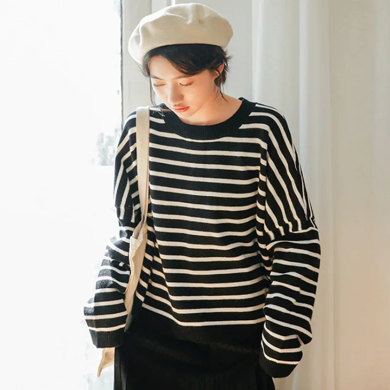 

Korean Loose Stripe Sweater Women Long Sleeve Round Collar Jumper Top Female Students Autumn Winter Bottoming Pullovers H9419