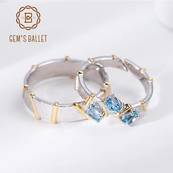 GEM'S BALLET Natural Swiss Blue Topaz Cross Couple Rings 925 Sterling Silver Handmade Adjustable Open Ring For Women Engagement