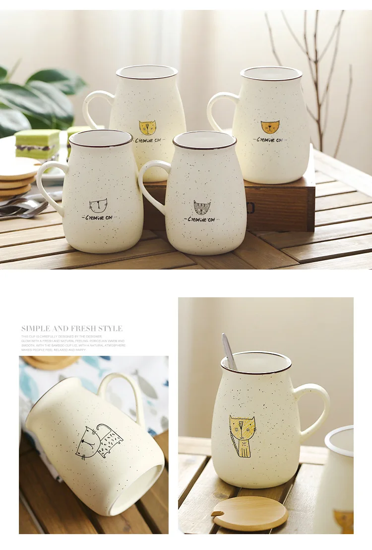 500ml Creative kitten mug,ceramic tea cups mugs with lid spoon,Unique cartoon couple Coffee mugs milk cup wholesale