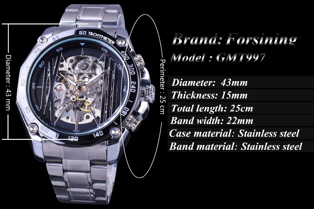 Forsining Military Sport Design Transparent Skeleton Dial Silver Stainless Steel Mens Watches Top Brand Luxury Automatic Watches