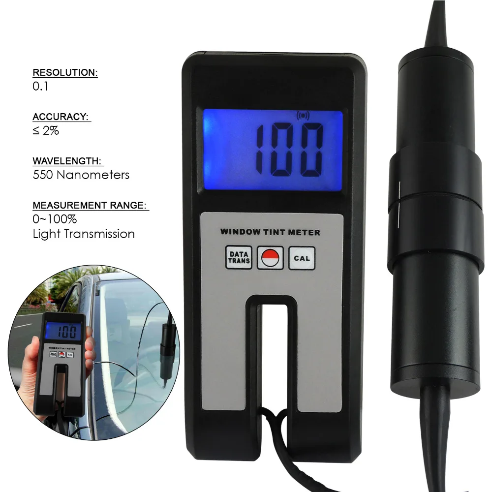 100% Range Glass Plastic Visual Light Transmission 18mm Thickness Continuous Measuring Digital Window Tint Meter with Sensor