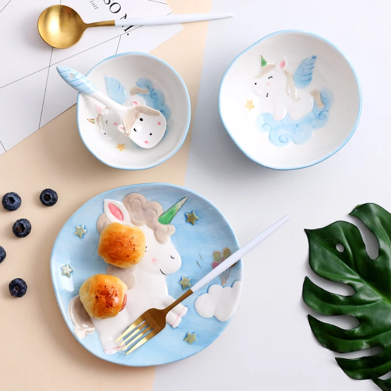 Set of Cartoon Animal Dinnerware Ceramic Dinner Plate Rice Bowl Salad Ramen Bowl with Spoon for Kids Unicorn Gift Box