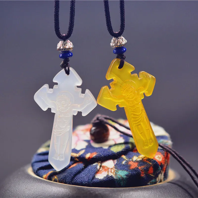 

QIANXU Chalcedony Cross Necklace Pendant Hand Carved Lucky Blessing Necklace Pendant Fine Jewelry