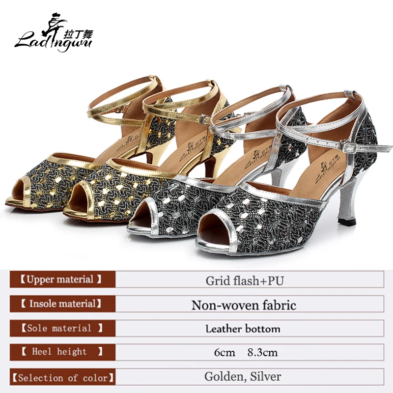 Ladingwu Grid Flash and PU Women's High Heels Latin Dance Shoes Golden/Silver Ballroom Salsa Dance Shoes  Size 35-44