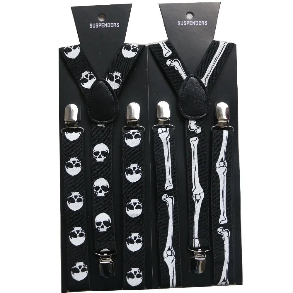 FOXMOTHER New Hip Hop 1 Inch Wide Clip On Adjustable Black Bone Skull Suspenders Braces Mens Womens