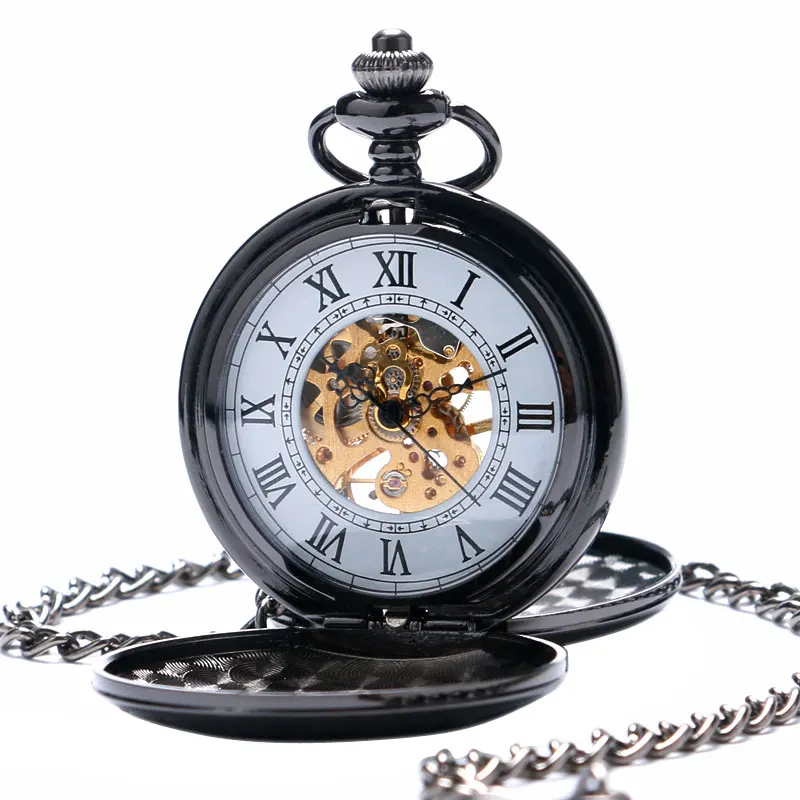 Vintage Retro Double Hunter Mechanical Hand Wind Pocket Watch Skeleton White Numbers Dial Men Women Watches Clock Necklace Gift