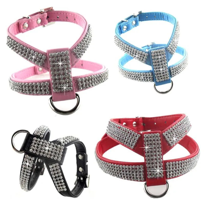 Adjustable Bling Rhinestone Dog Harness Pet Dogs Collar Harness Vest for Chihuahua Small Medium Dogs Chest Strap Leash for Walk