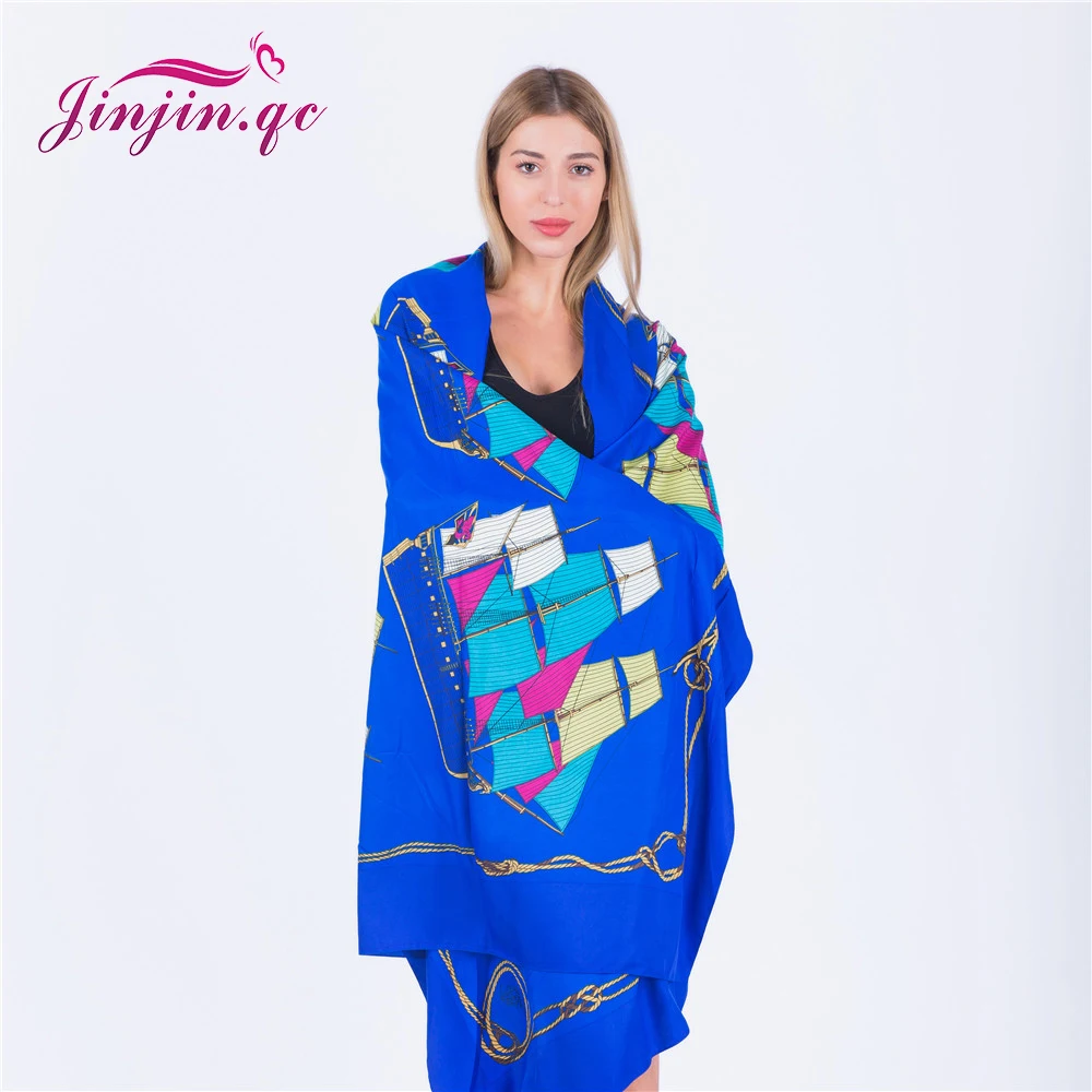 Jinjin.QC 2019 New Soie Silk Scarf Women Scarves and Wraps Pashmina Shawls Sailboat Printed Bandana Echarpe Foulard Femme Hijab