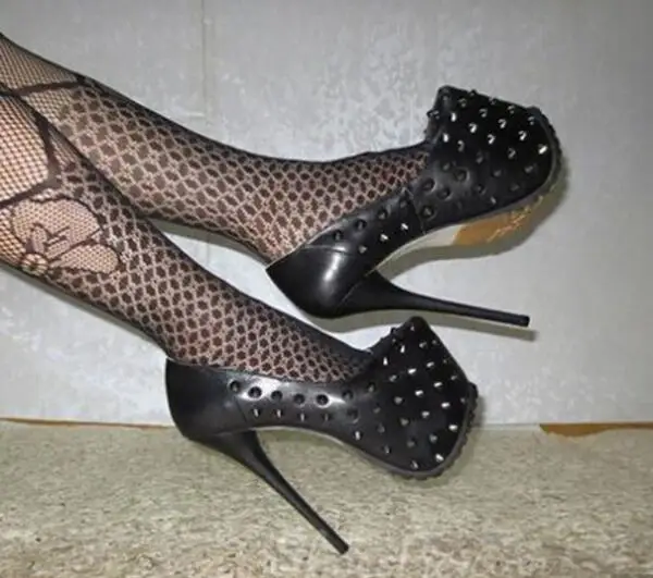 Hot selling punk style solid black color round toe rivets studded high platform dress shoes spike heel woman pumps big size 43