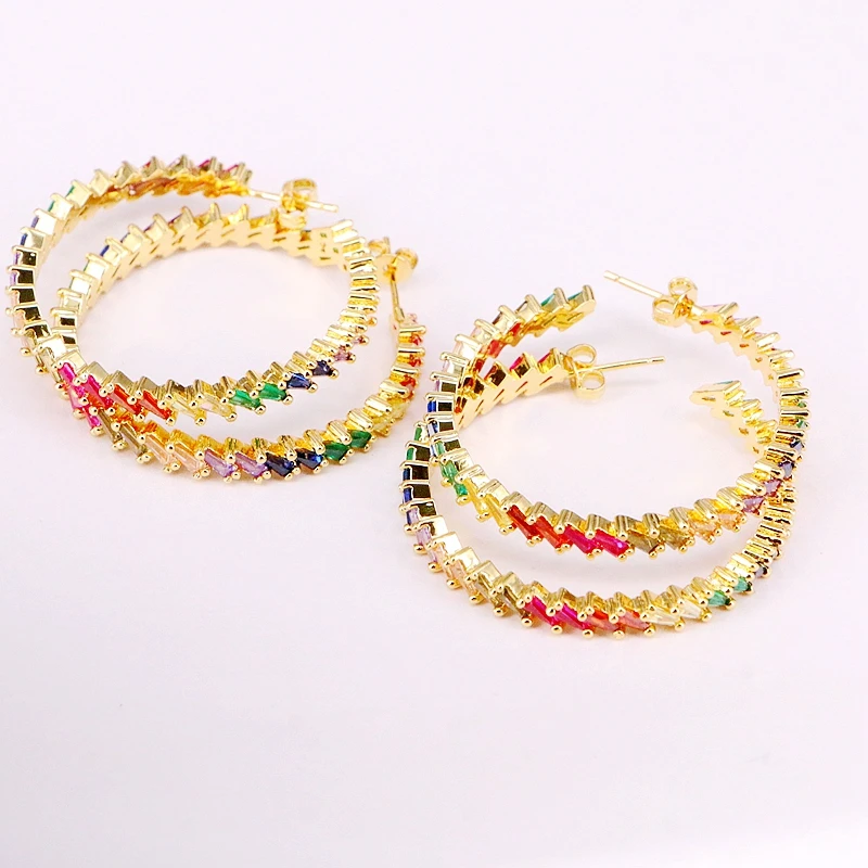 

4Pairs, Cz Micro Pave Rainbow Zirconia Big Circle Earring Studs Gold Color Multicolor Crystal For Women Girls Party Jewelry