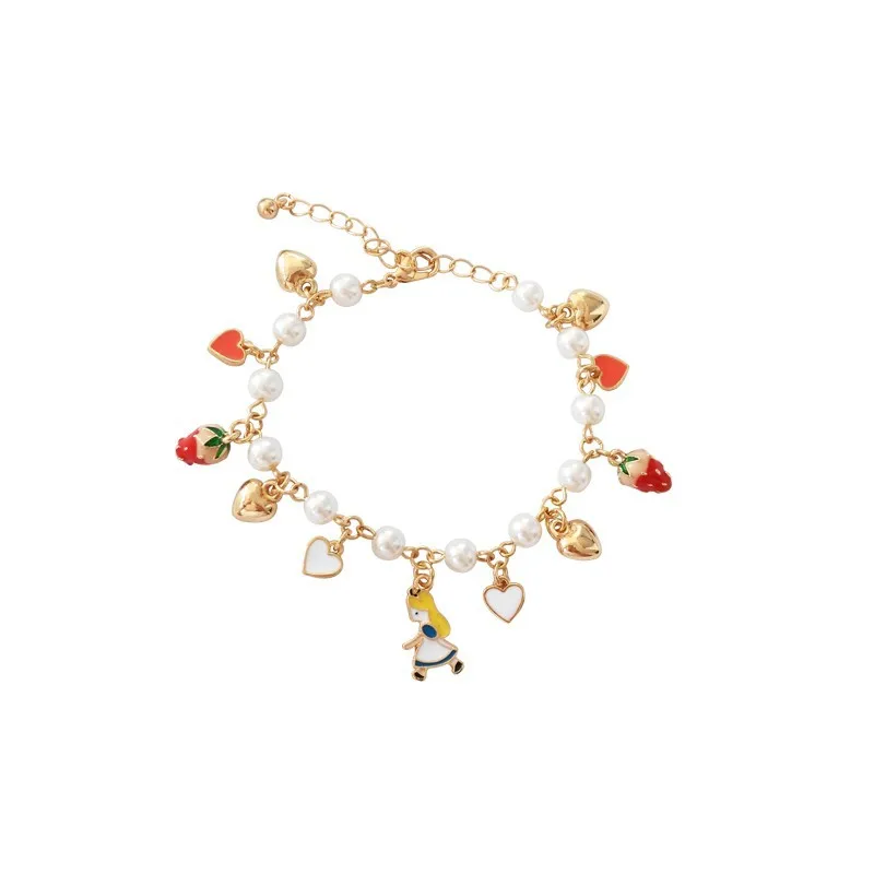 Kids Girls Gift Gold Color Heart Imatation Pearl Poker Strawberry Charms Alice in Wonderland Bracelet