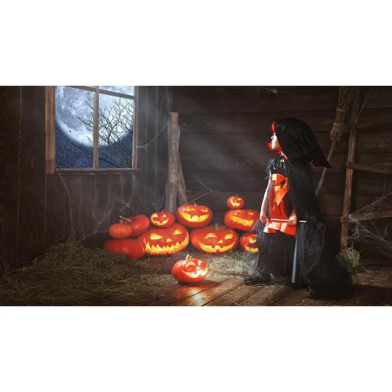 Rustic Barn Halloween Party Backdrop Vintage Wood Wall Floor Printed Straw Pumpkin Lanterns Kids Witch Photo Shoot Background