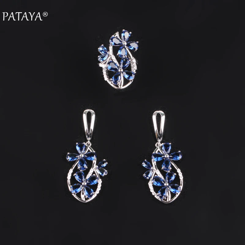 PATAYA New Light Blue Flowers True White Gold Color Jewelry Sets Natural Zirconia Ring Long Earring Set Women Romantic Jewelry