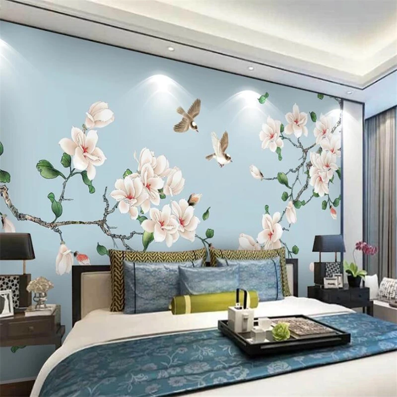 

beibehang Custom wallpaper 3d mural new Chinese magnolia hand-painted flowers and birds TV background wall living room wallpaper