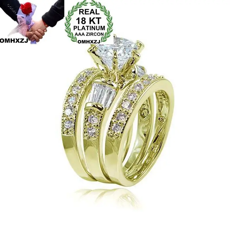 OMHXZJ Wholesale European Fashion Woman Man Party Wedding Gift Luxury White Zircon 18KT White Rose Yellow Gold Ring Set RR475