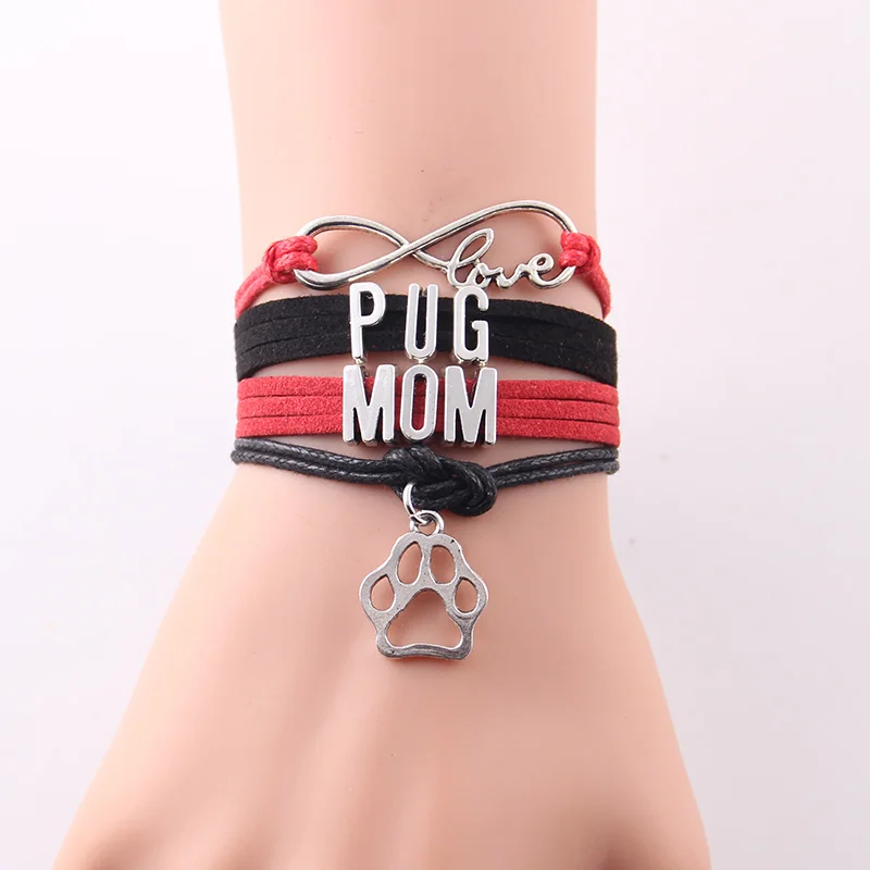 Little Minglou 3 Style Infinity Love PUG MOM Bracelet Dog Paw Charm Leather Wrap Bracelets & Bangles Women Jewelry Drop Shipping