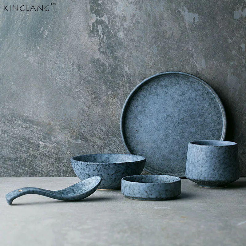 KINGLANG 1/2/4 Person Tableware Set Plates Ceramic Dinner Plate Set Looks Like Stone Grey Bowls